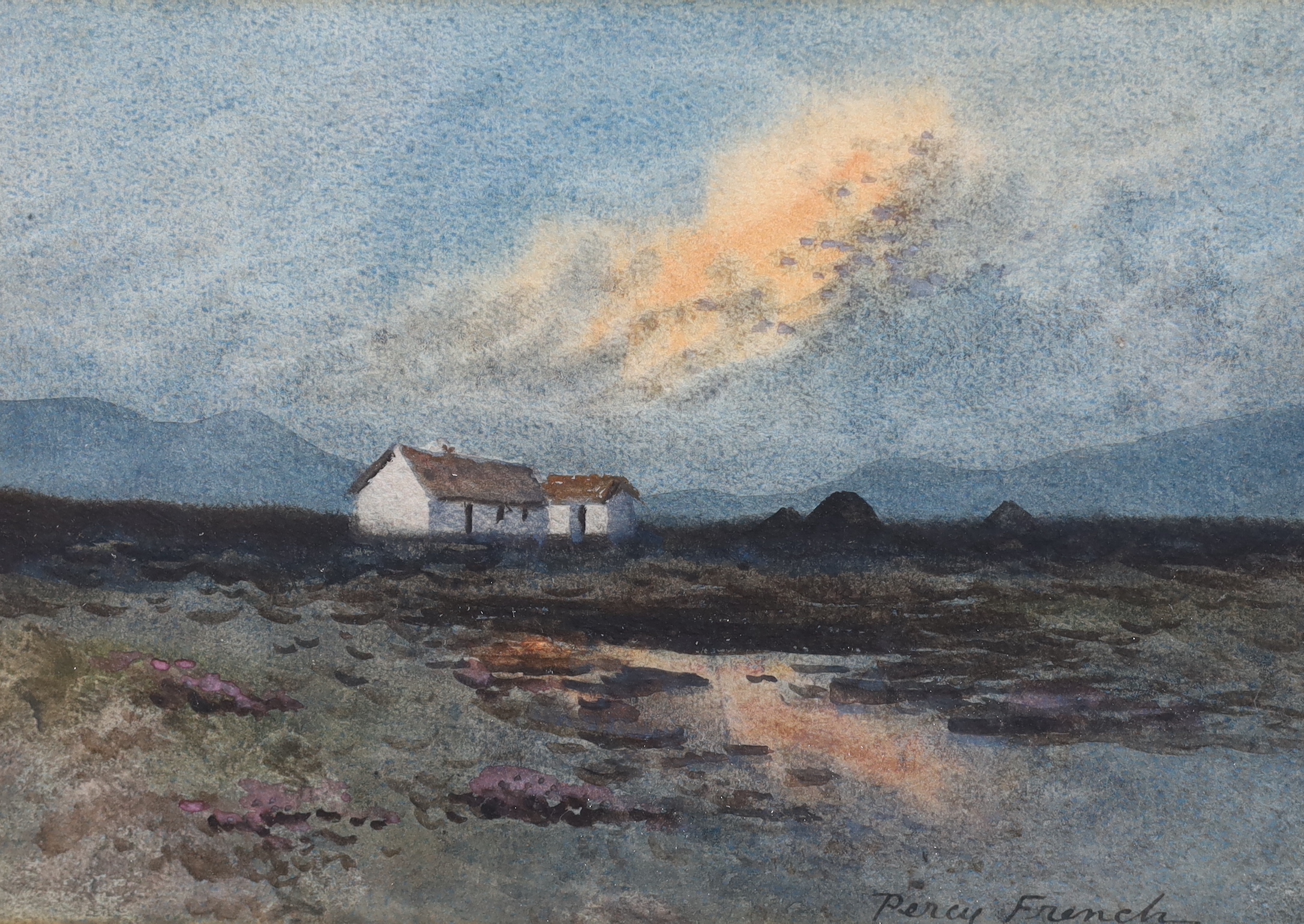 William Percy French (Irish, 1854-1920), Cottages in a landscape at sunset, watercolour, 17 x 25cm